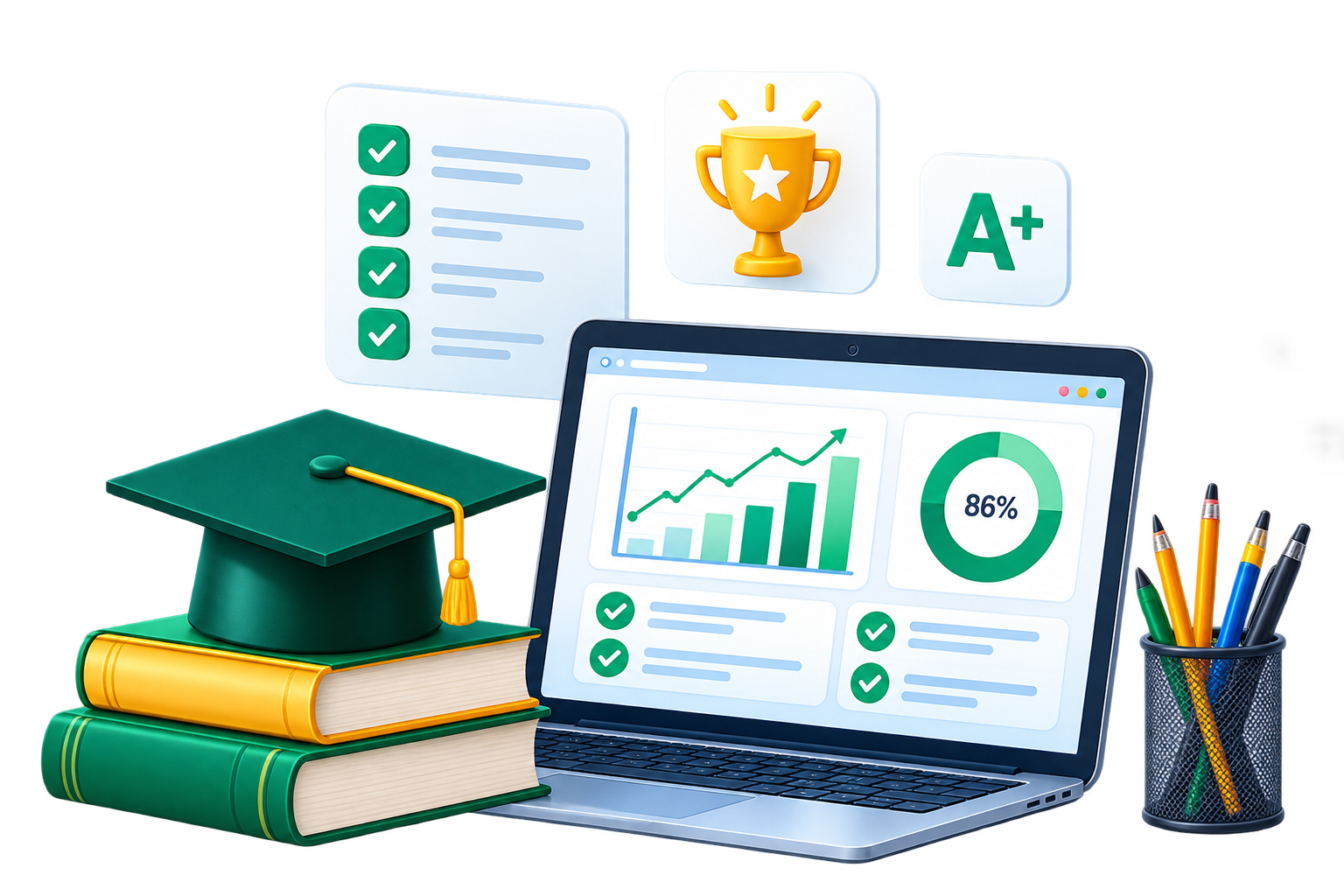 KUDOS Assessment Platform Dashboard with Laptop, Books, Graduation Cap, Trophy, and Badges